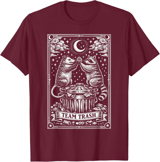 Vintage Tarot Card Raccoon Opossum Crescent Moon Raccoon T-Shirt - T-Shirt | Maroon