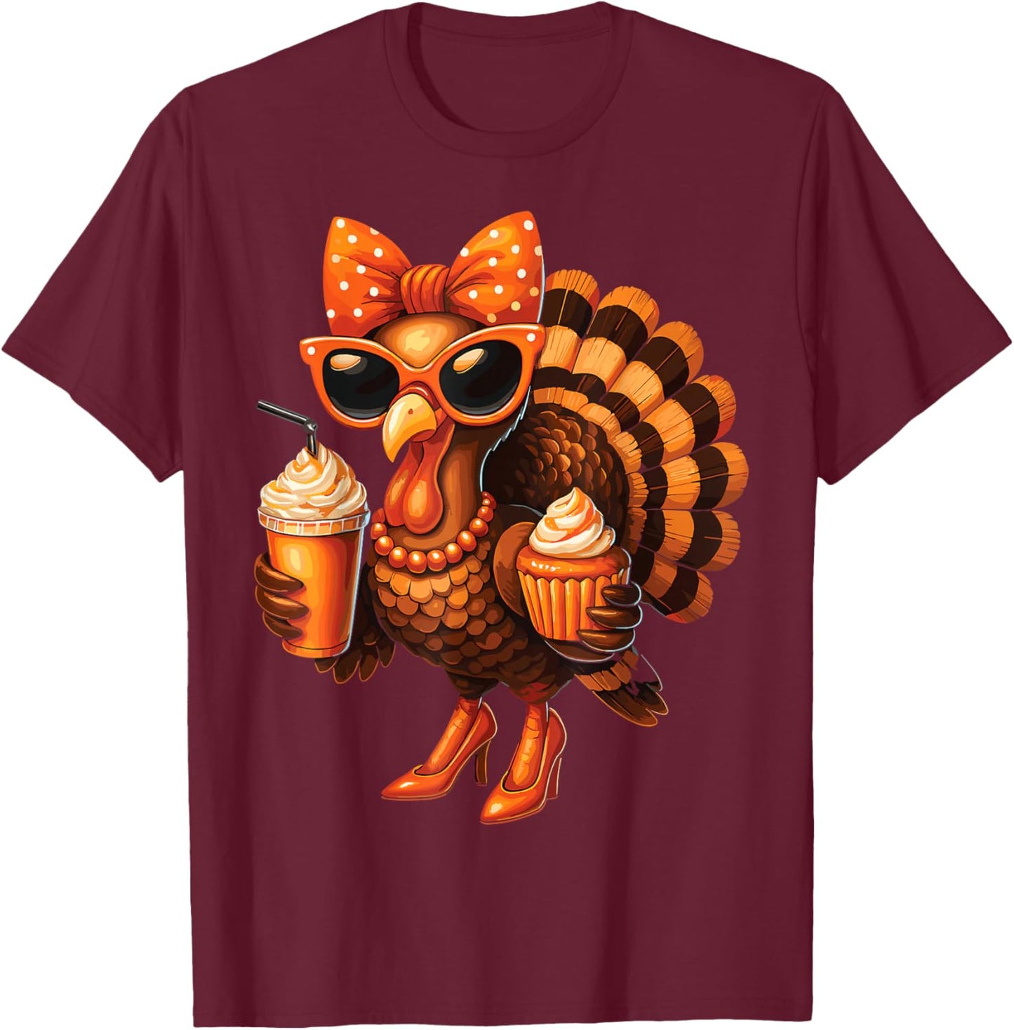 Turkey Drinking Coffee Bow Thanksgiving Funny Gifts T-Shirt - T-Shirt | Maroon