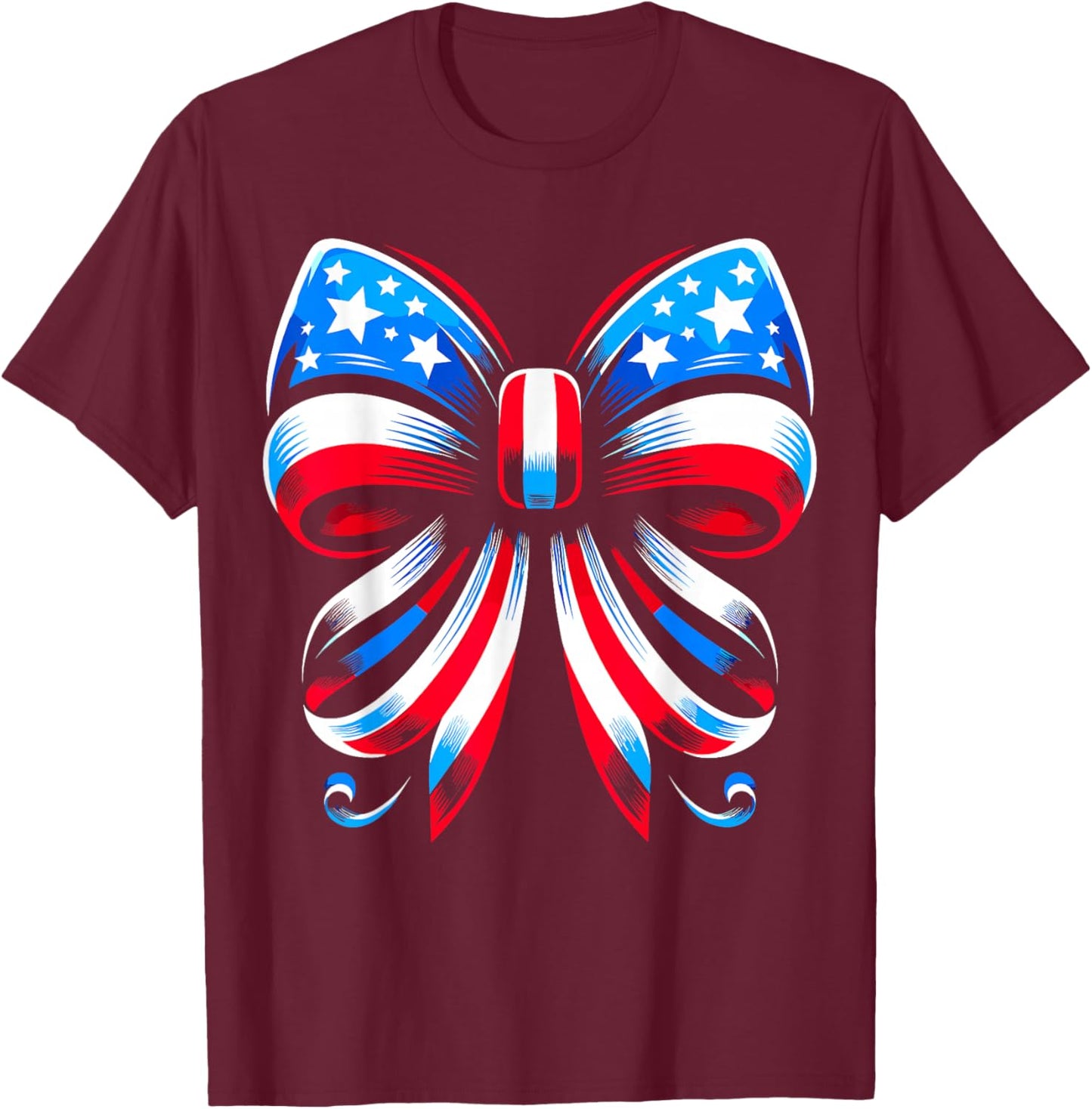 Coquette Bow Ribbon Red White Blue USA Flag 4th of July T-Shirt - T-Shirt | Maroon