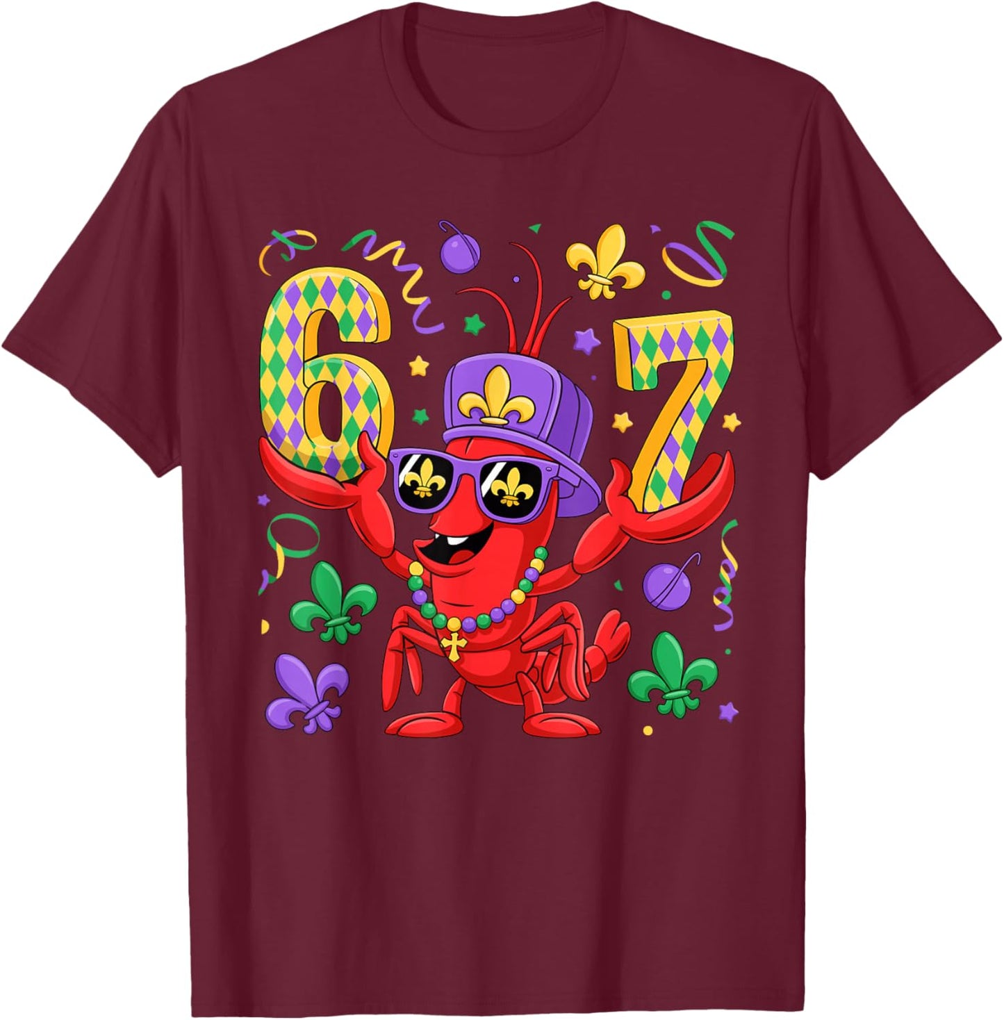 67 Mardi Gras Crawfish Beads Six Seven Carnival Boy Kids 6 7 T-Shirt - T-Shirt | Maroon