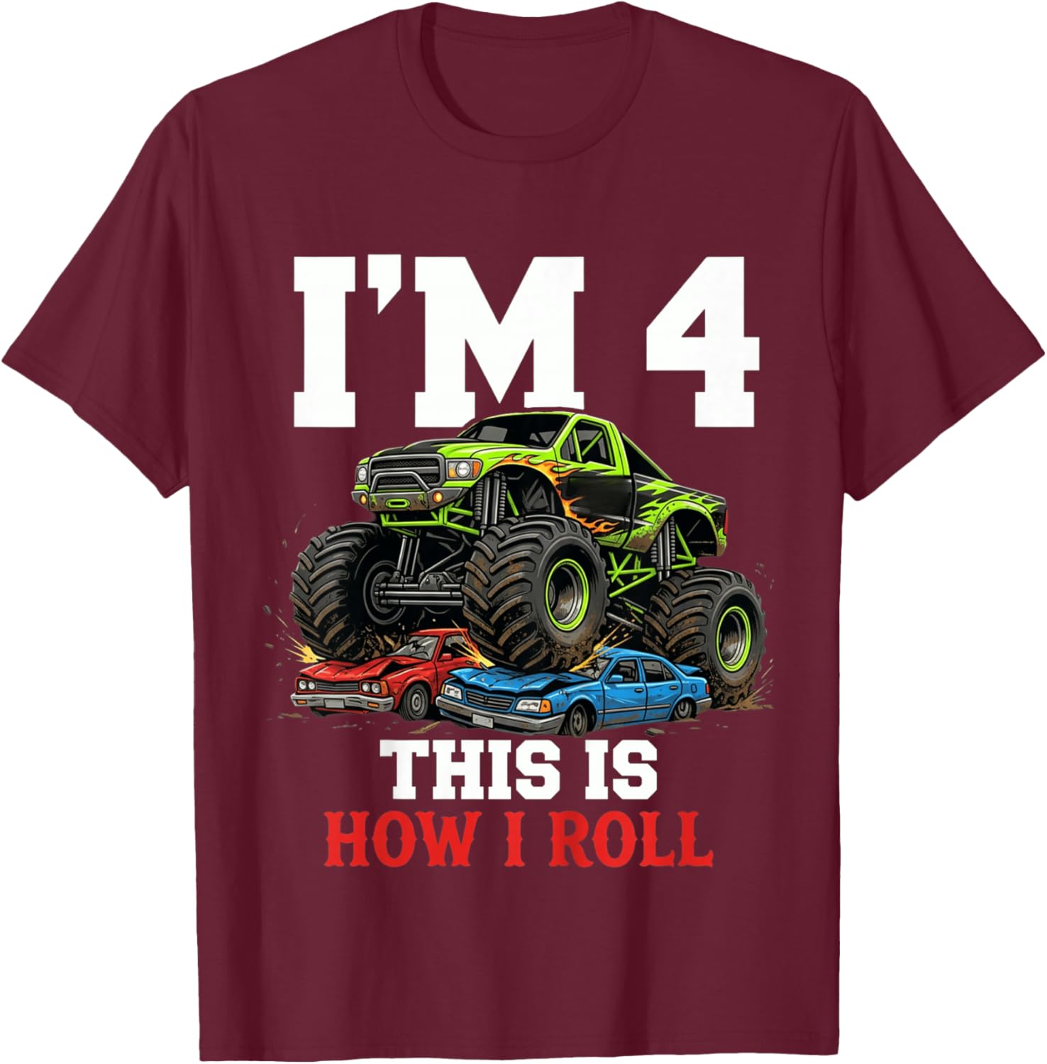 Kids Racing Monster Truck 4th Birthday 4 Year Old Boy Born 2022 T-Shirt - T-Shirt | Maroon