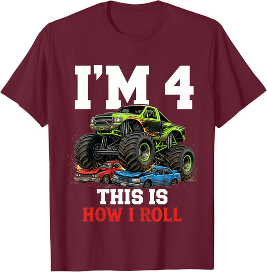 Kids Racing Monster Truck 4th Birthday 4 Year Old Boy Born 2022 T-Shirt - T-Shirt | Maroon