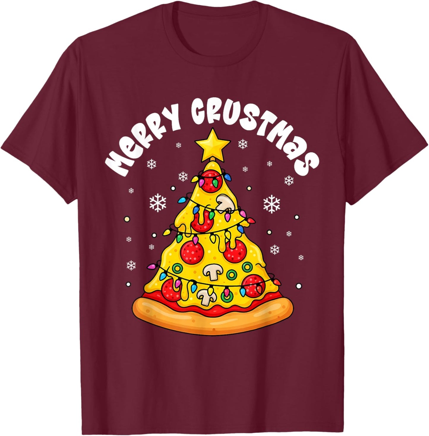 Pizza Christmas Tree Lights Xmas Boys Men Crustmas Pepperoni T-Shirt - T-Shirt | Maroon