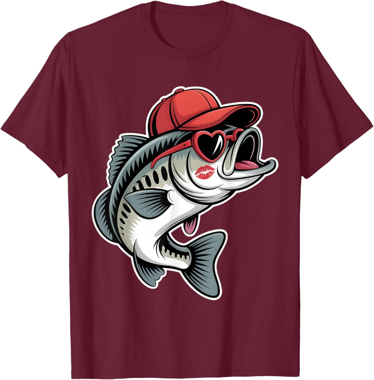 Funny Valentine Fishing Bass Heart Sunglasses Kids Boys T-Shirt - T-Shirt | Maroon