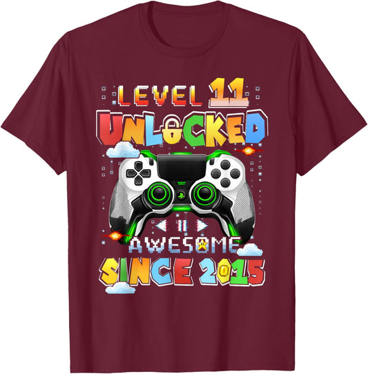 Level 11 Unlocked Video Gamer 11 Years Old 11th Birthday T-Shirt - T-Shirt | Maroon