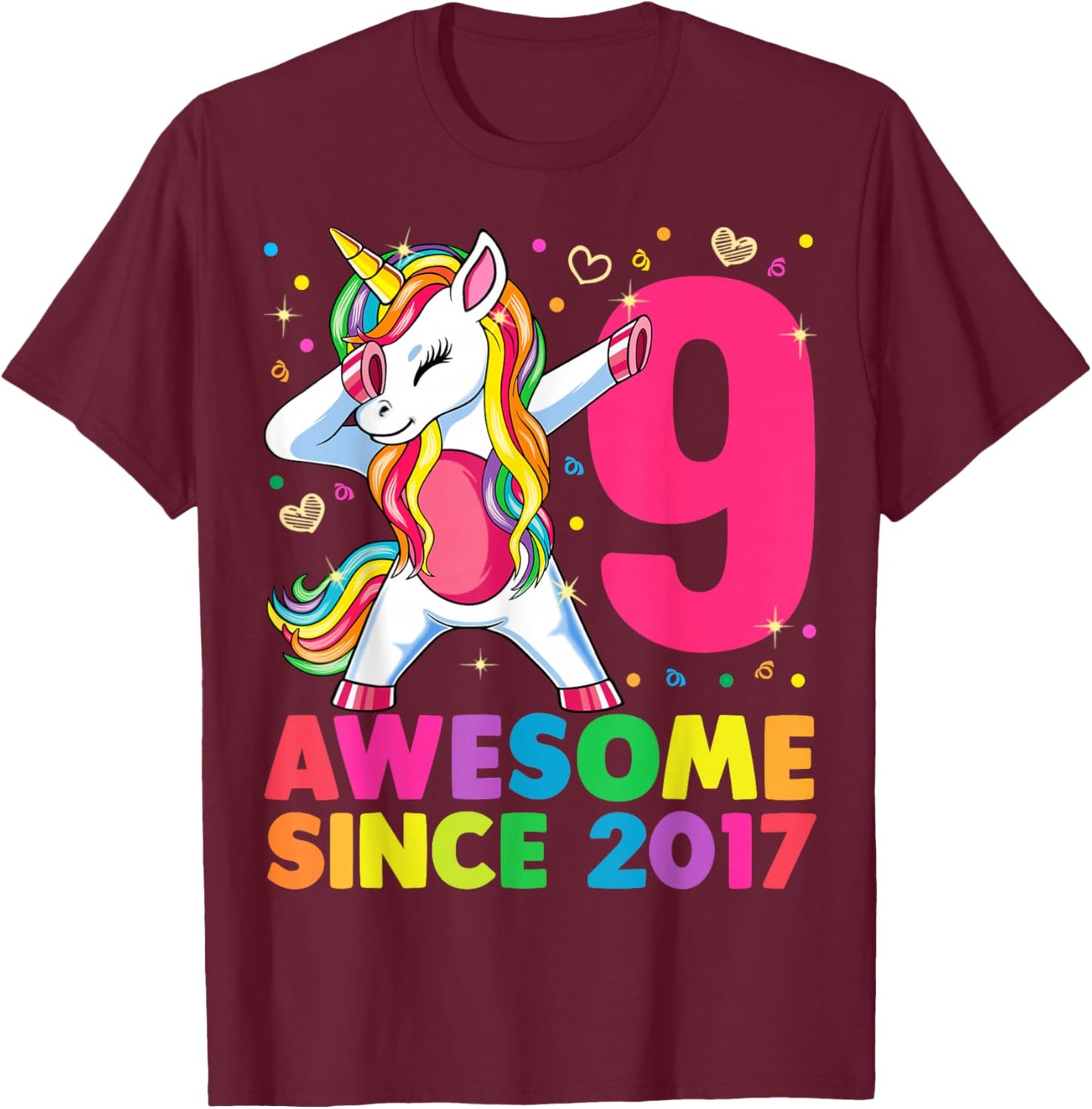 9 Years Old Unicorn Dabbing 9th Birthday Girl Unicorn Party T-Shirt - T-Shirt | Maroon