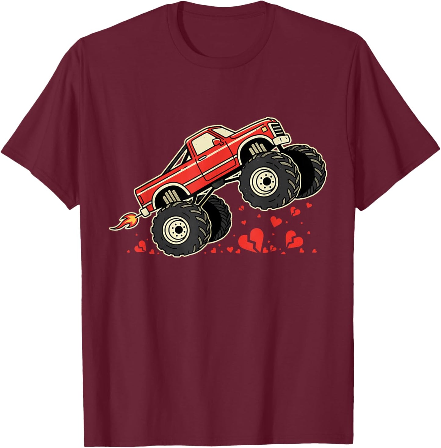 Funny Boys Valentines Monster Truck Kids Toddlers Teens T-Shirt - T-Shirt | Maroon