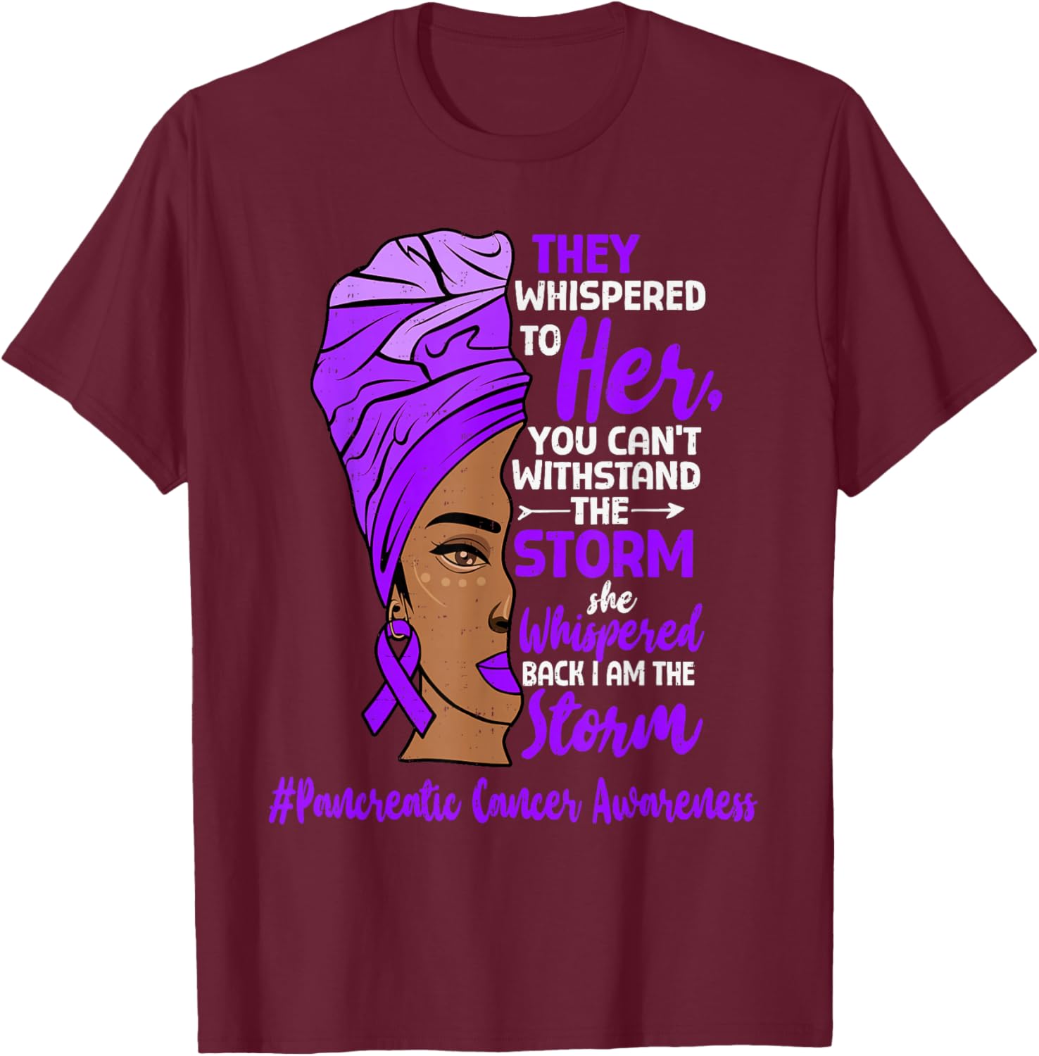 Pancreatic Cancer Awareness Black Women Ribbon Purple T-Shirt - T-Shirt | Maroon
