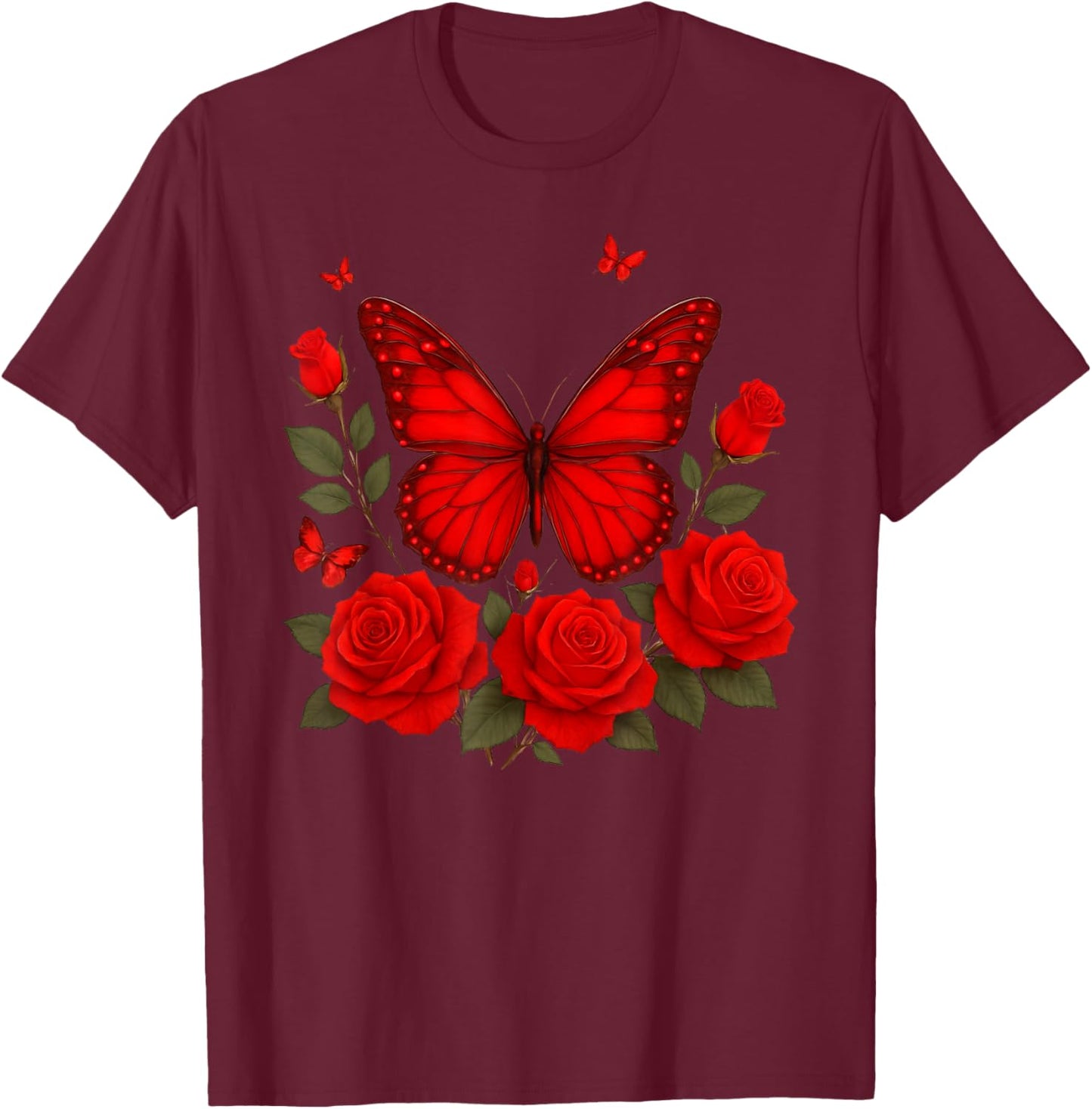 Red Butterfly Rose Flowers T-Shirt - T-Shirt | Maroon