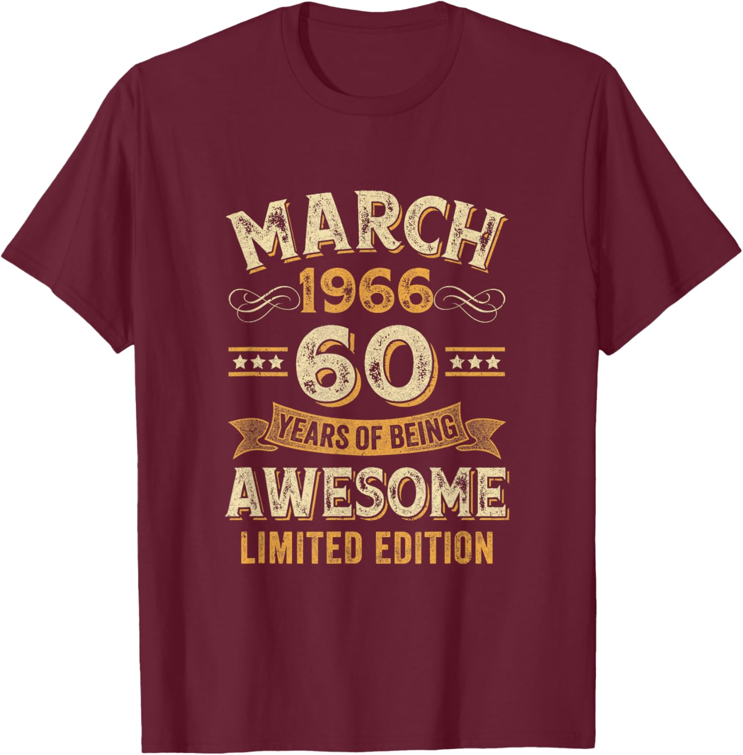 Awesome Vintage March 1966 60Th Birthday T-Shirt - T-Shirt | Maroon