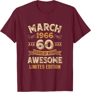 Awesome Vintage March 1966 60Th Birthday T-Shirt - T-Shirt | Maroon