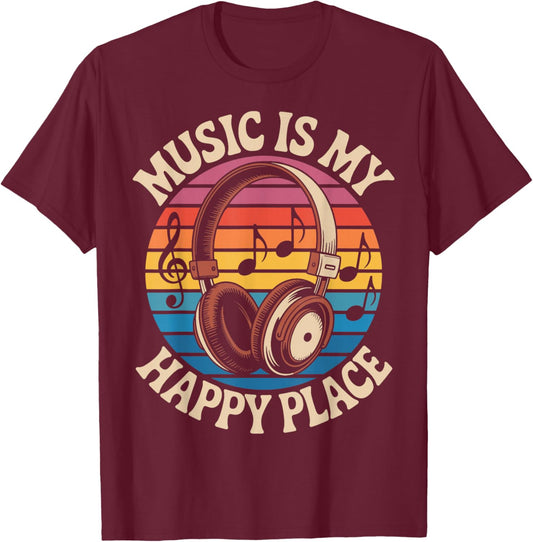 Music is My Happy Place - Retro Headphones Vibes T-Shirt - T-Shirt | Maroon