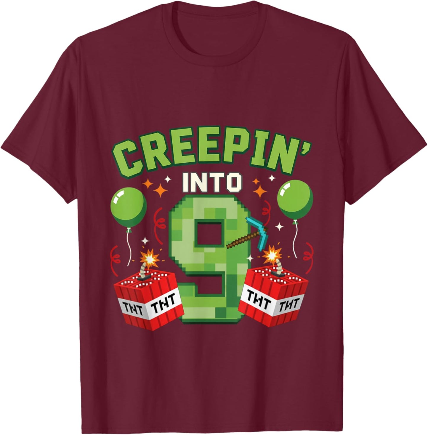 It's My 9th Birthday Boy Gamer Creepin’ Into 9 Gamer Pixel T-Shirt - T-Shirt | Maroon