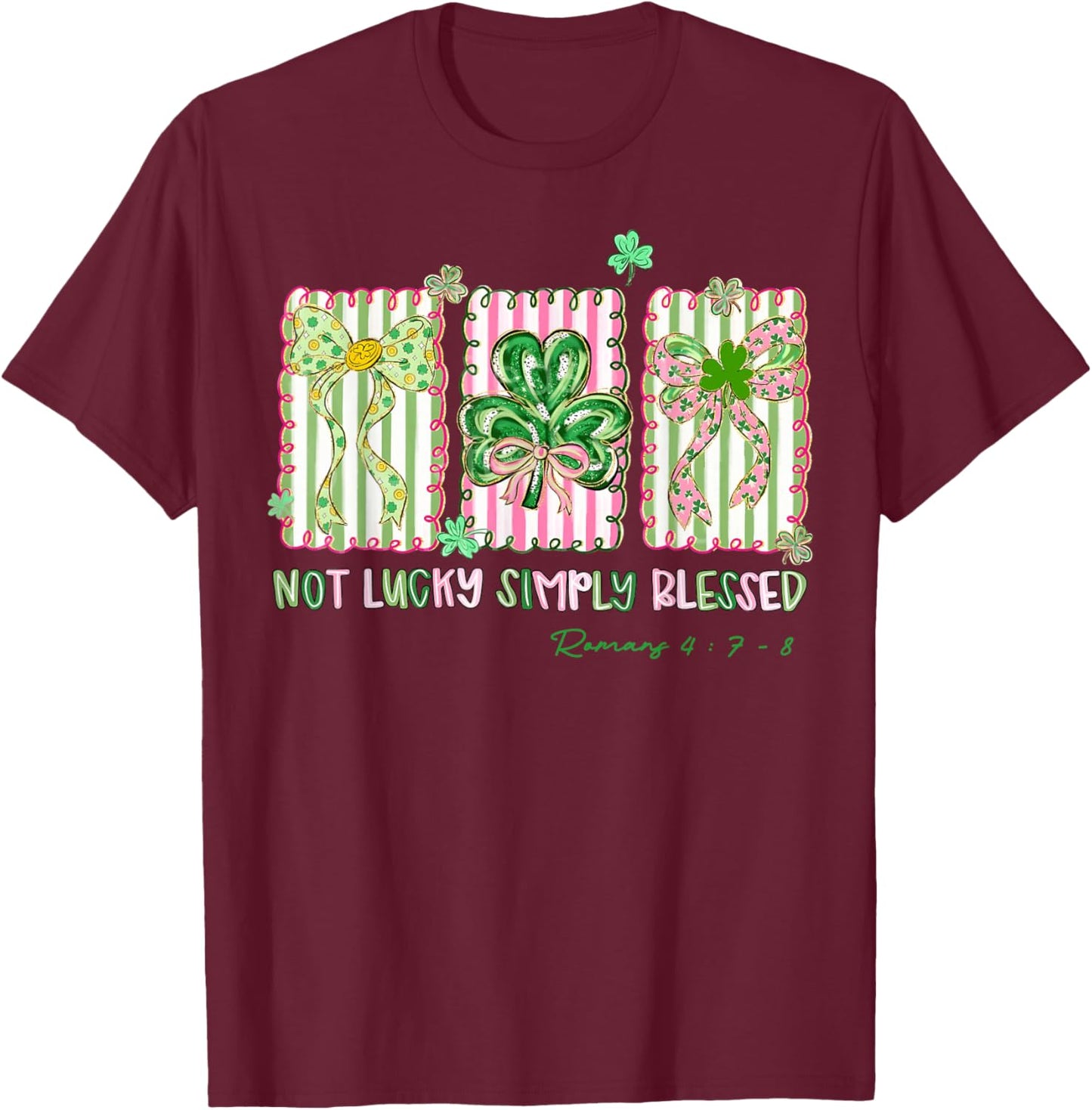 Preppy St Patrick's Day Simply Blessed Coquette Bow Shamrock T-Shirt - T-Shirt | Maroon