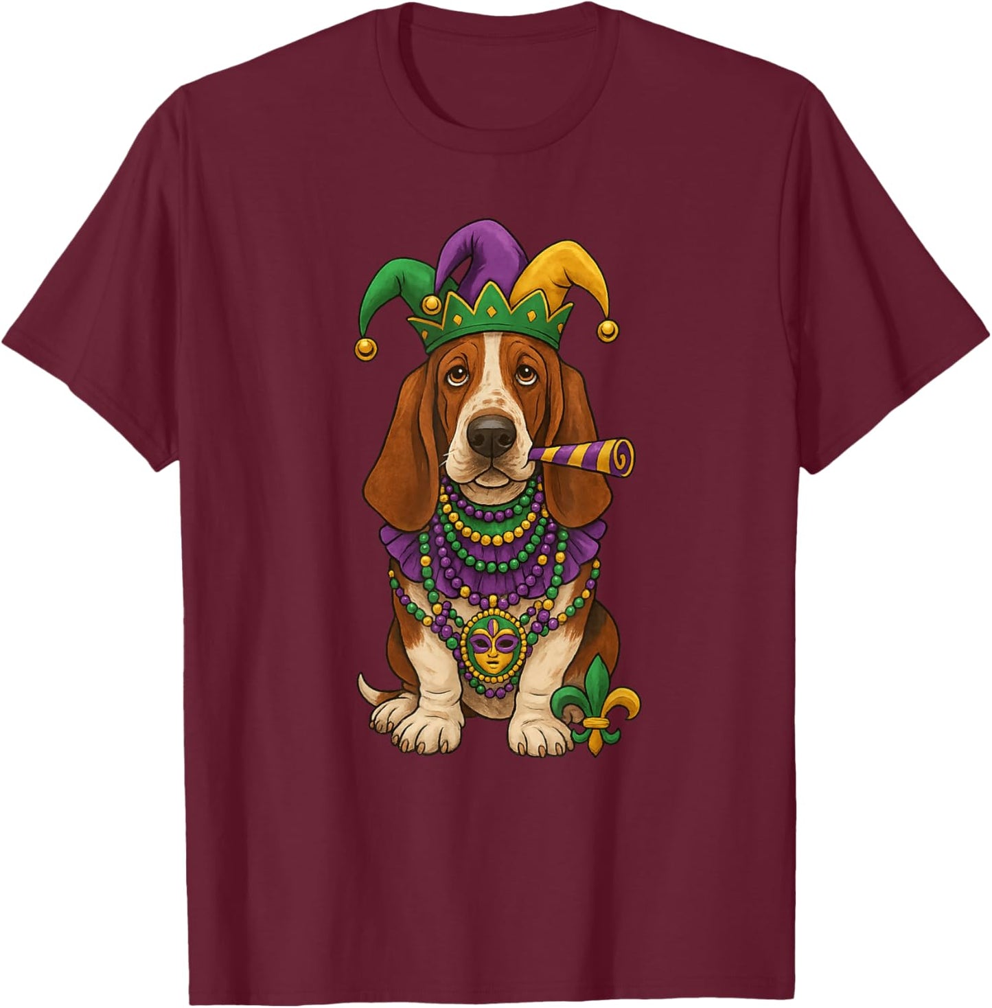 Mardi Gras, Basset Hound, Cute Dog T-Shirt - T-Shirt | Maroon