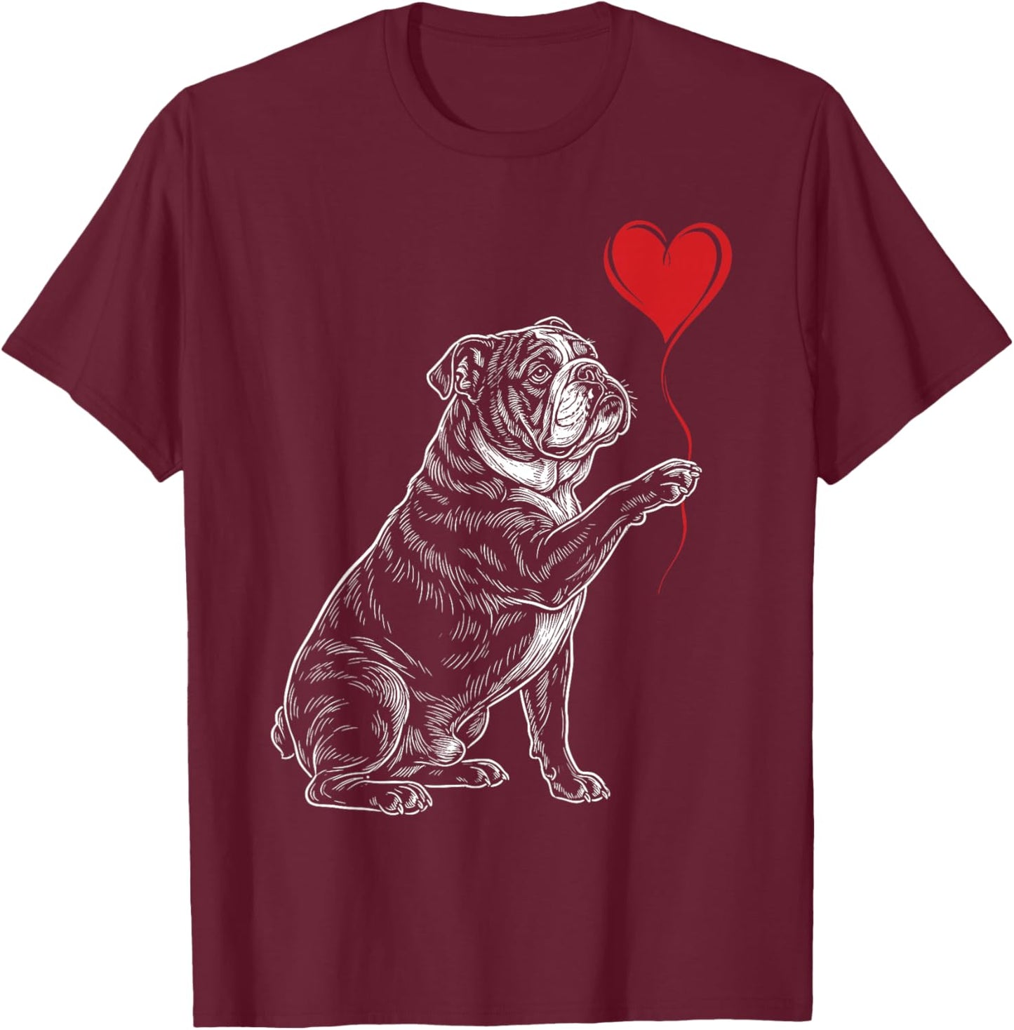 English Bulldog Dog Art Holding Heart Valentines T-Shirt - T-Shirt | Maroon