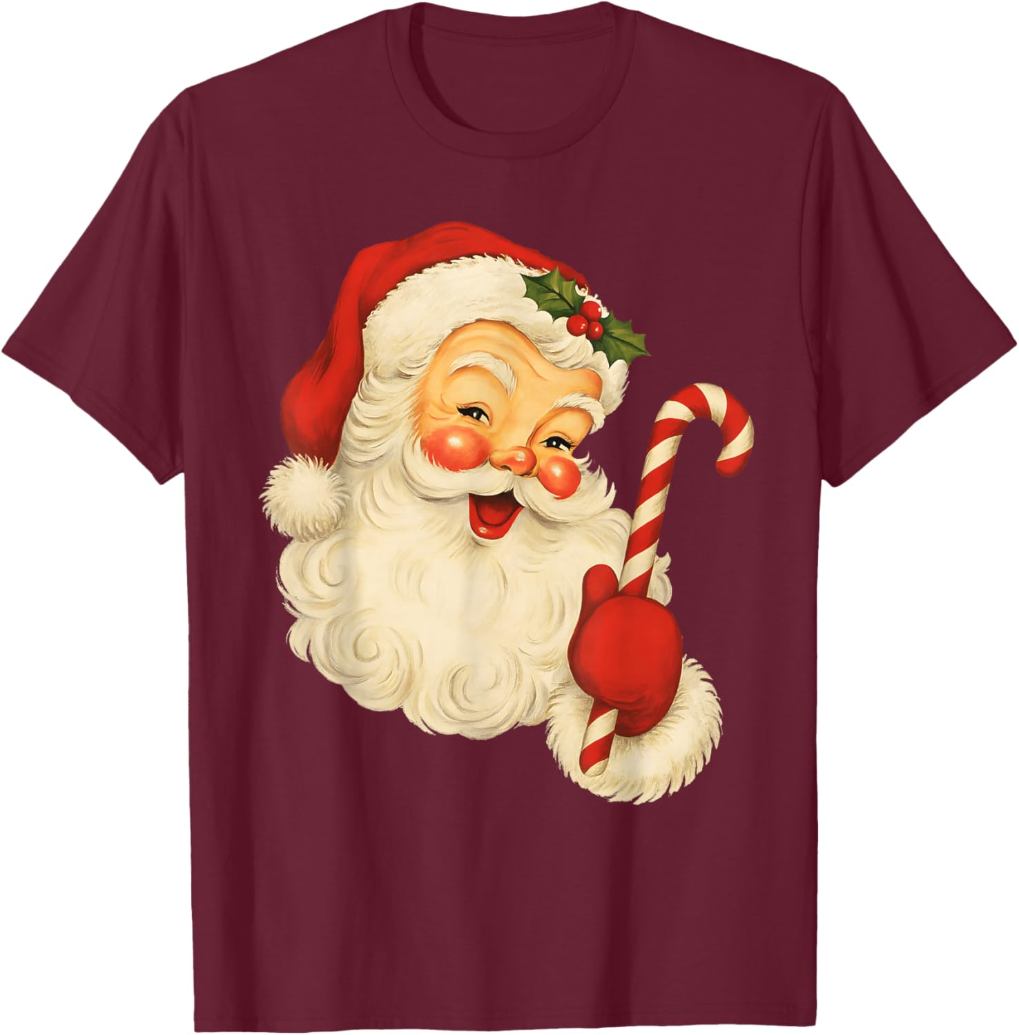 Vintage Retro Merry Christmas Santa Claus Face Candy Cane T-Shirt - T-Shirt | Maroon