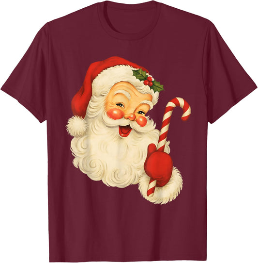 Vintage Retro Merry Christmas Santa Claus Face Candy Cane T-Shirt - T-Shirt | Maroon