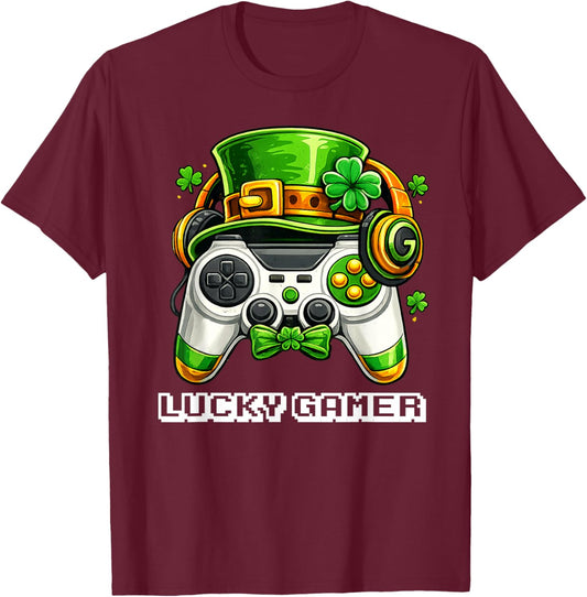 Lucky Gamer St Patricks Day Game Controller Boys Kids T-Shirt - T-Shirt | Maroon