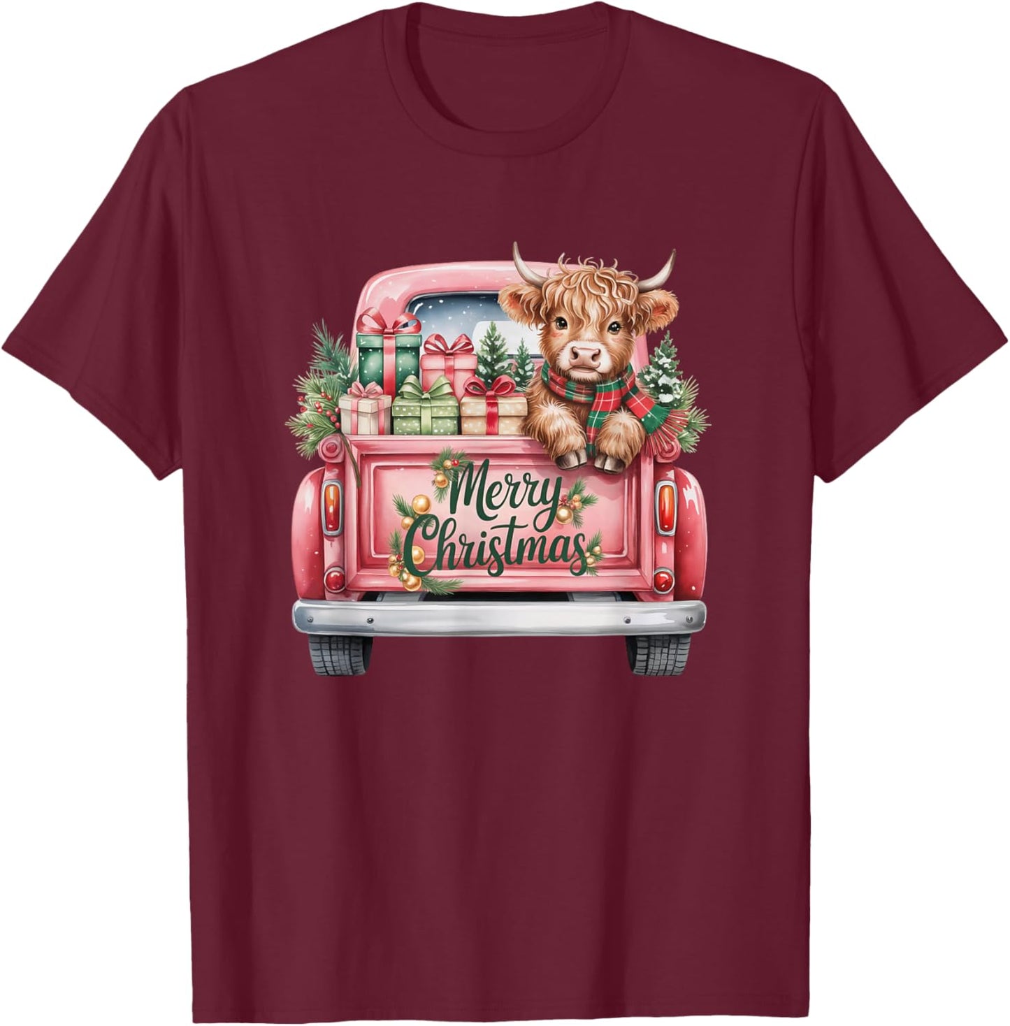 Merry Christmas Cow in Vintage Truck Design Mom T-Shirt - T-Shirt | Maroon