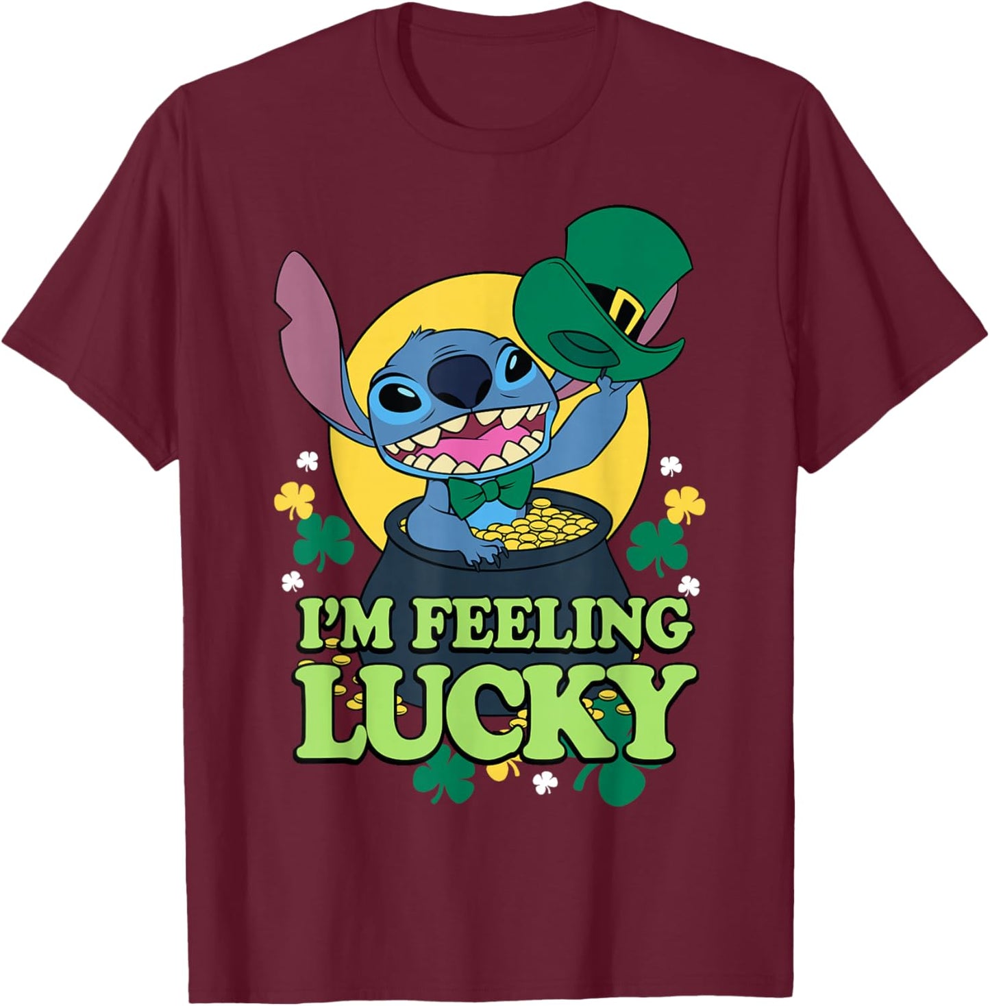 Disney Lilo & Stitch St. Patrick's Day I'm Feeling Lucky T-Shirt - T-Shirt | Maroon