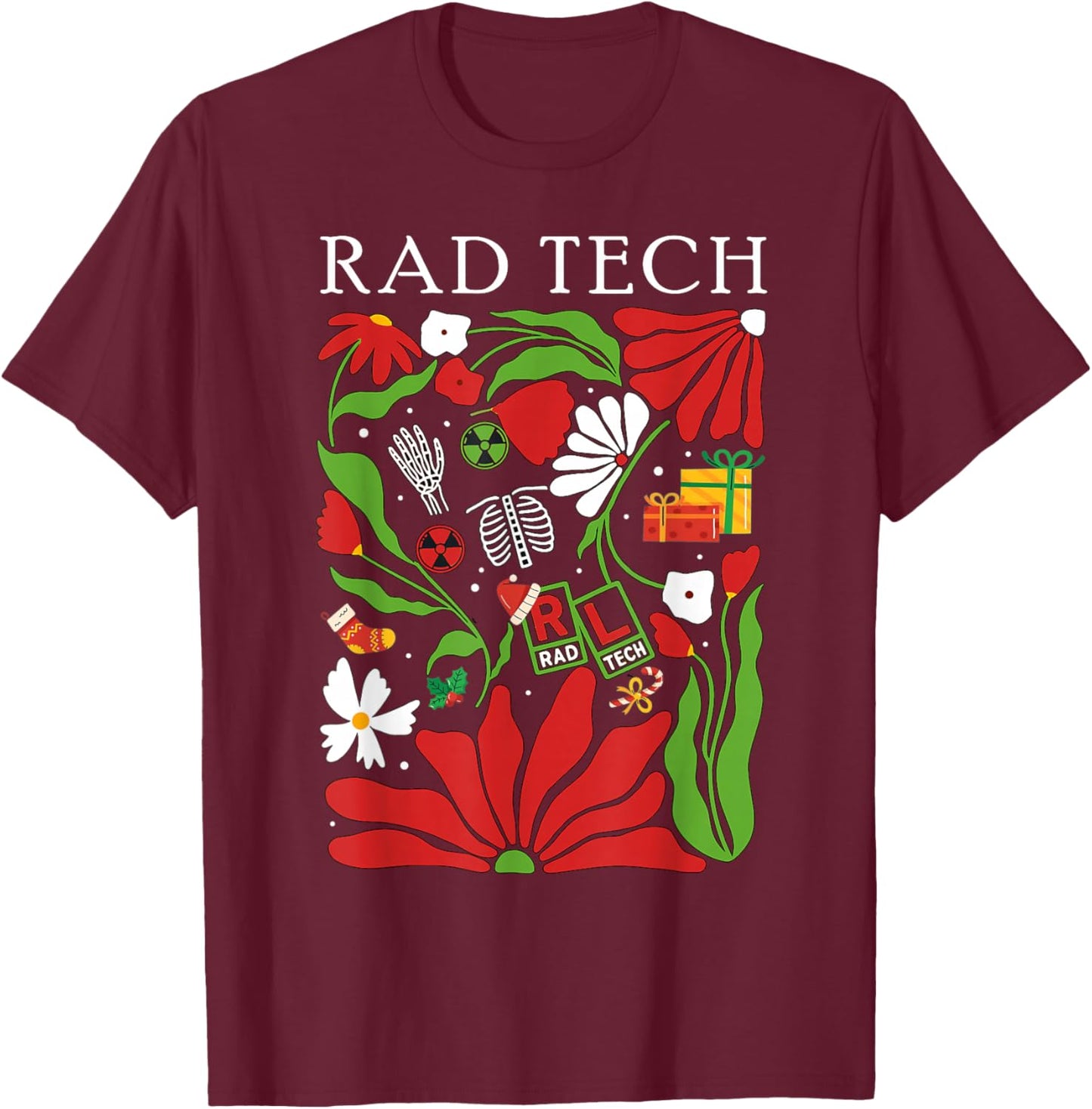 Christmas Radiology Boho Floral RAD Tech X-ray Technologist T-Shirt - T-Shirt | Maroon