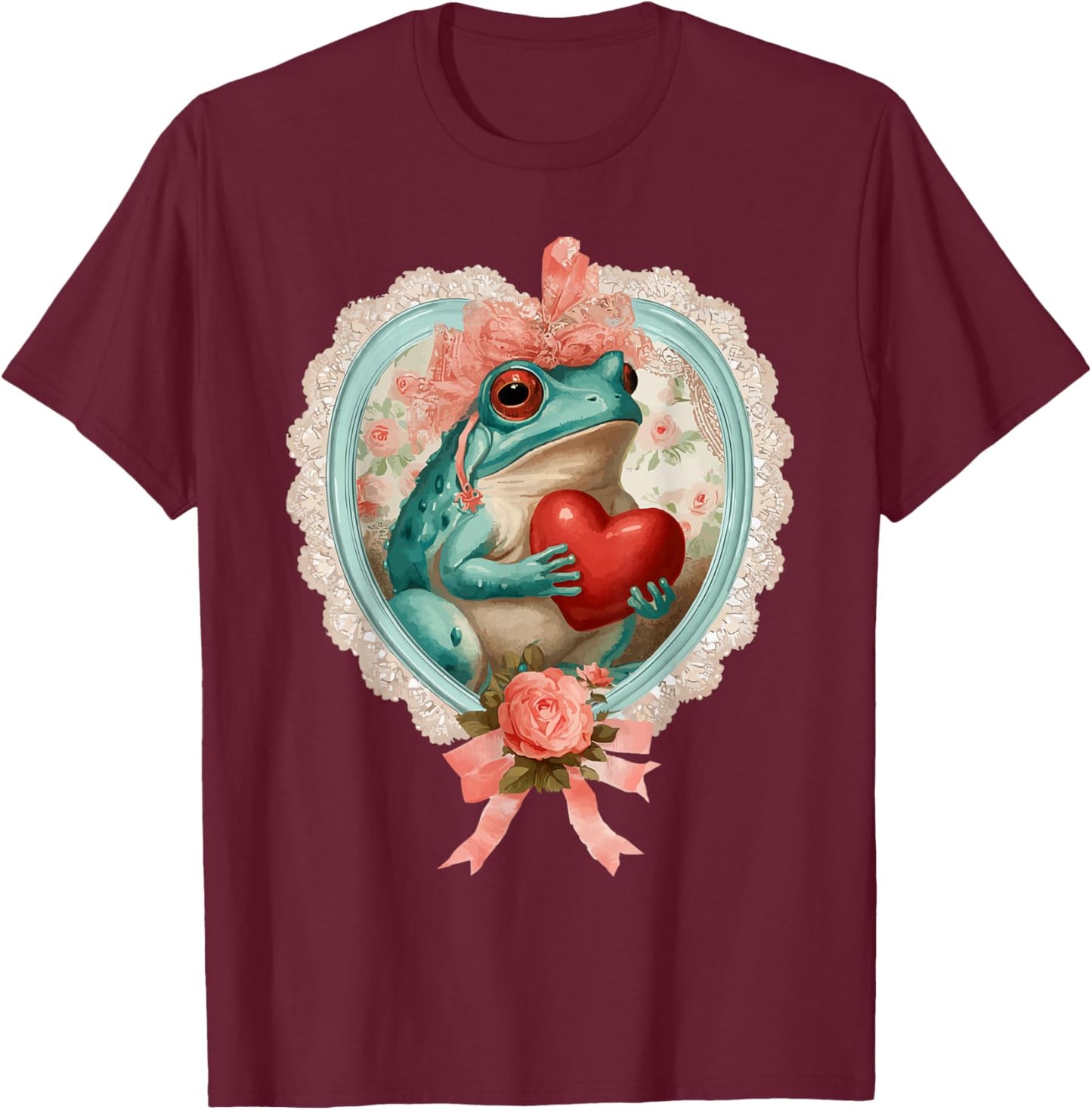 Vintage Valentine Frog with Heart Romantic Animal Coquette T-Shirt - T-Shirt | Maroon