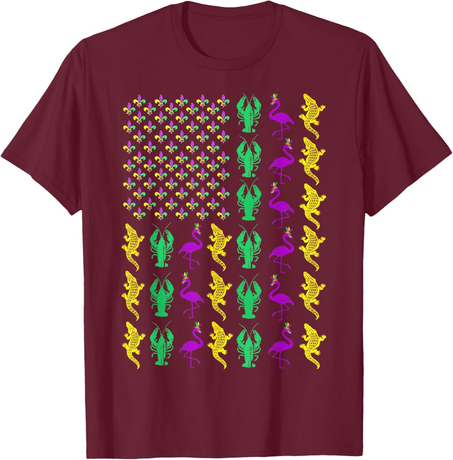 Mardi Gras American Flag Crawfish Flamingo Alligator Party T-Shirt - T-Shirt | Maroon