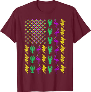 Mardi Gras American Flag Crawfish Flamingo Alligator Party T-Shirt - T-Shirt | Maroon