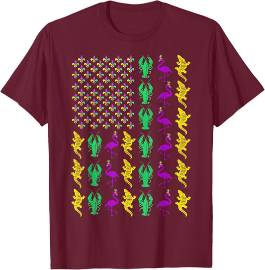 Mardi Gras American Flag Crawfish Flamingo Alligator Party T-Shirt - T-Shirt | Maroon