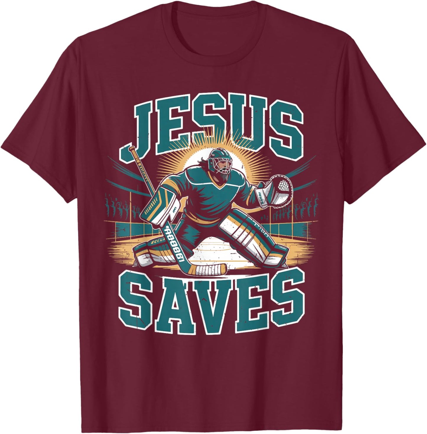 Christian Hockey Jesus Saves Goalie Humor Religious Hockey T-Shirt - T-Shirt | Maroon