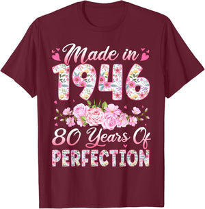 80 Year Old Made in 1946 Birthday Floral 80th Birthday Women T-Shirt - T-Shirt | Maroon