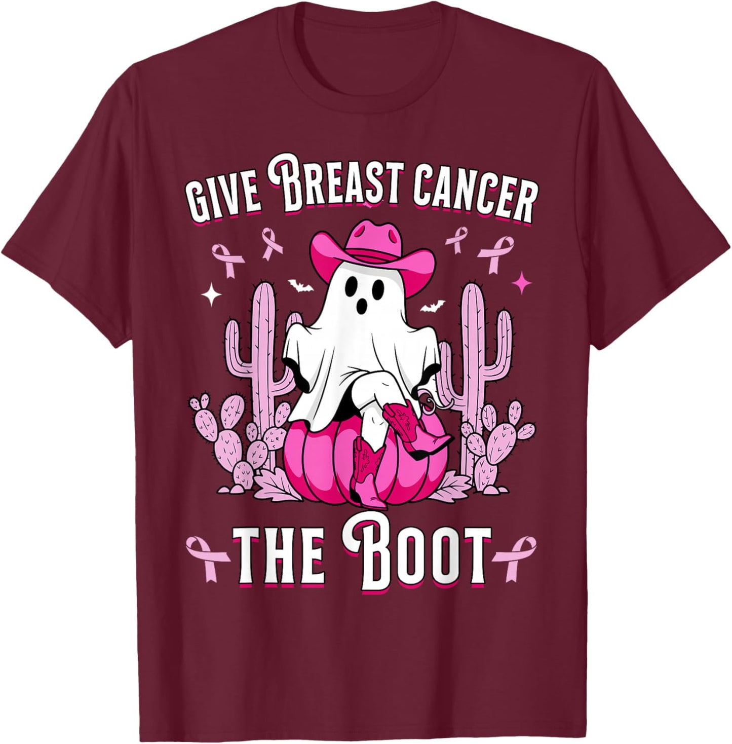 Give Breast Cancer The Boot Ghost Cowgirl Cancer Awareness T-Shirt - T-Shirt | Maroon