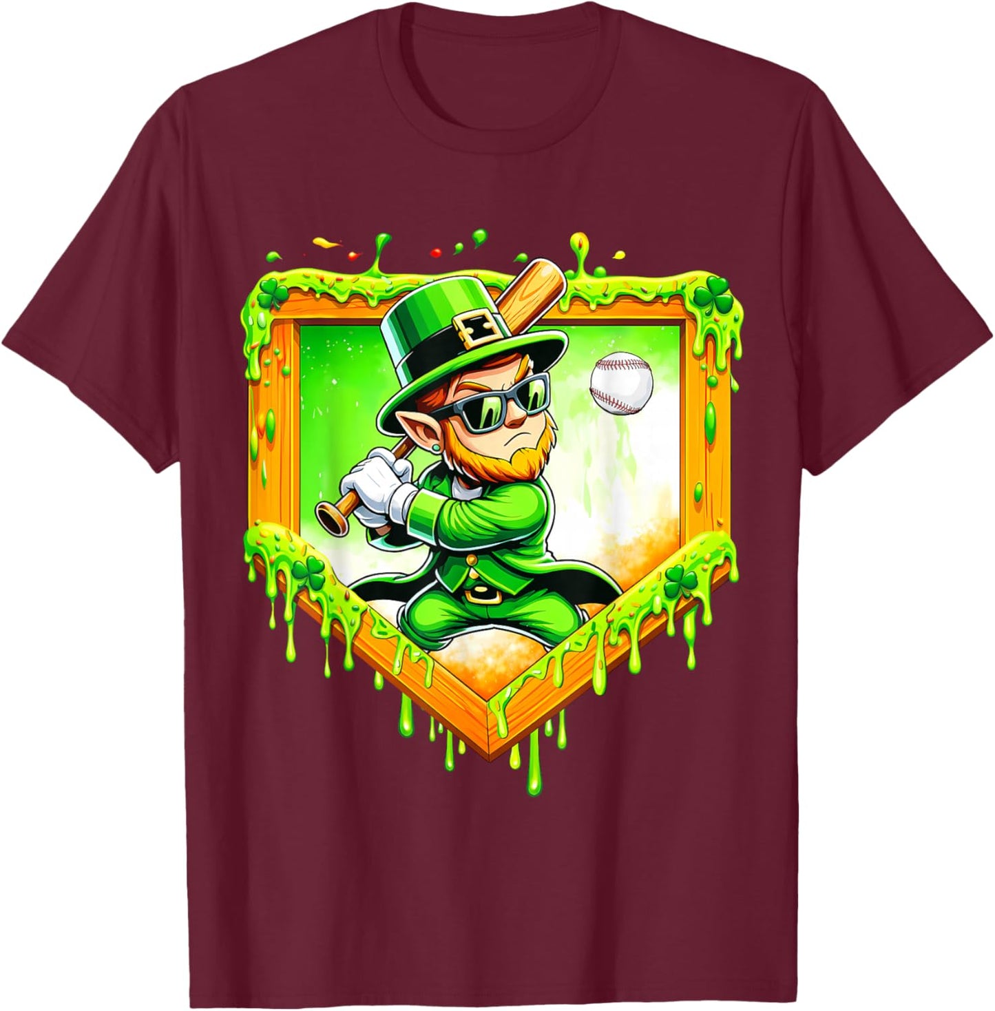 Leprechaun Baseball St Patricks Day Ice Cream Drip Men Boys T-Shirt - T-Shirt | Maroon