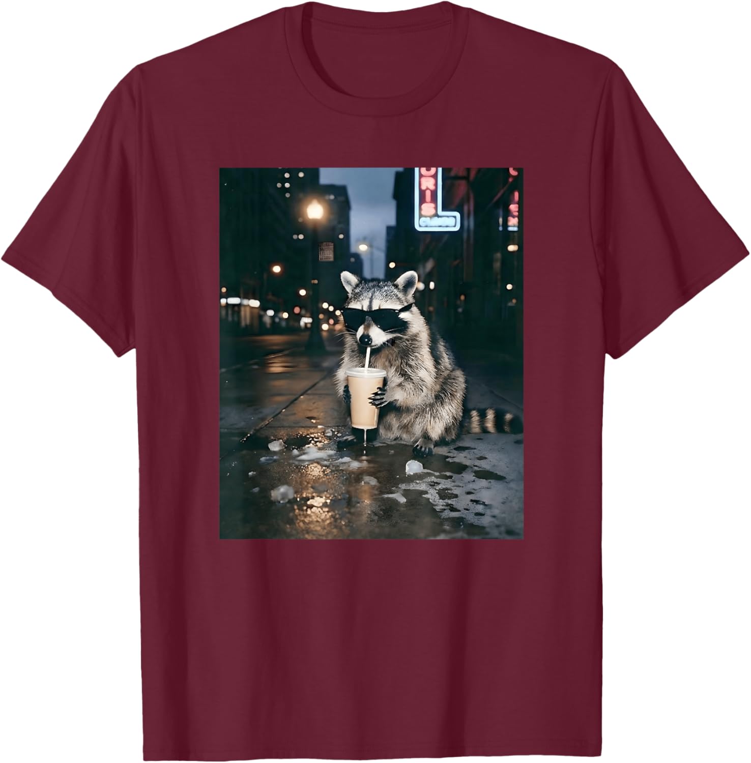 Raccoon Drinking Soda Funny Meme T-Shirt - T-Shirt | Maroon