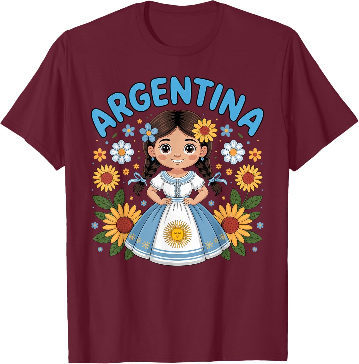 Cute Argentina Girl Traditional Dress with Sunflowers Kids T-Shirt - T-Shirt | Maroon