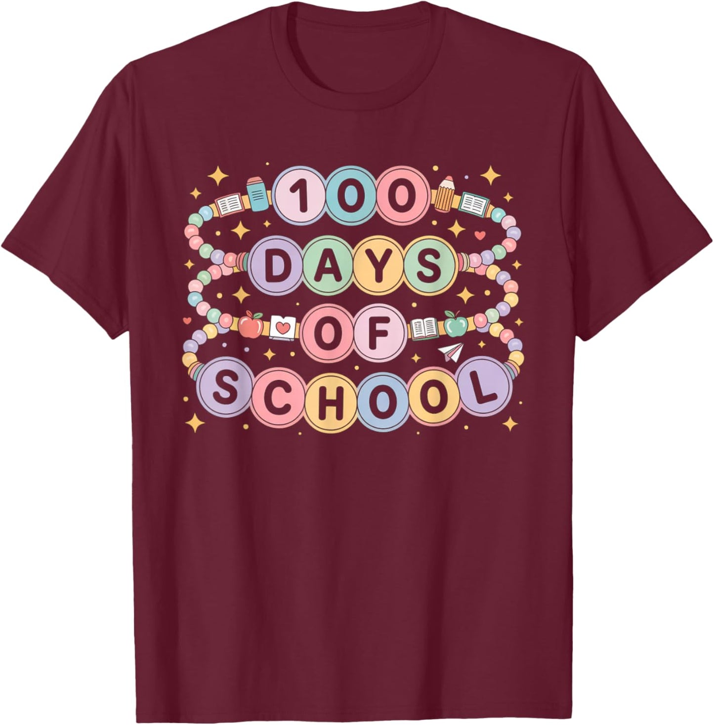 Cute 100 Days of School Beaded Bracelet Teacher Student T-Shirt - T-Shirt | Maroon