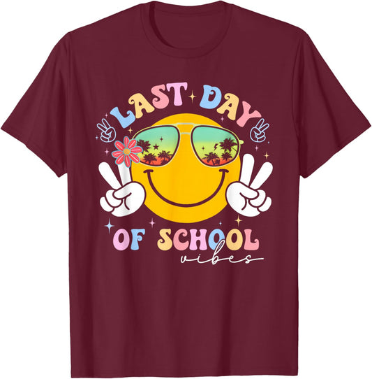 Groovy Last Day of School Vibes Graduation Teachers Students T-Shirt - T-Shirt | Maroon