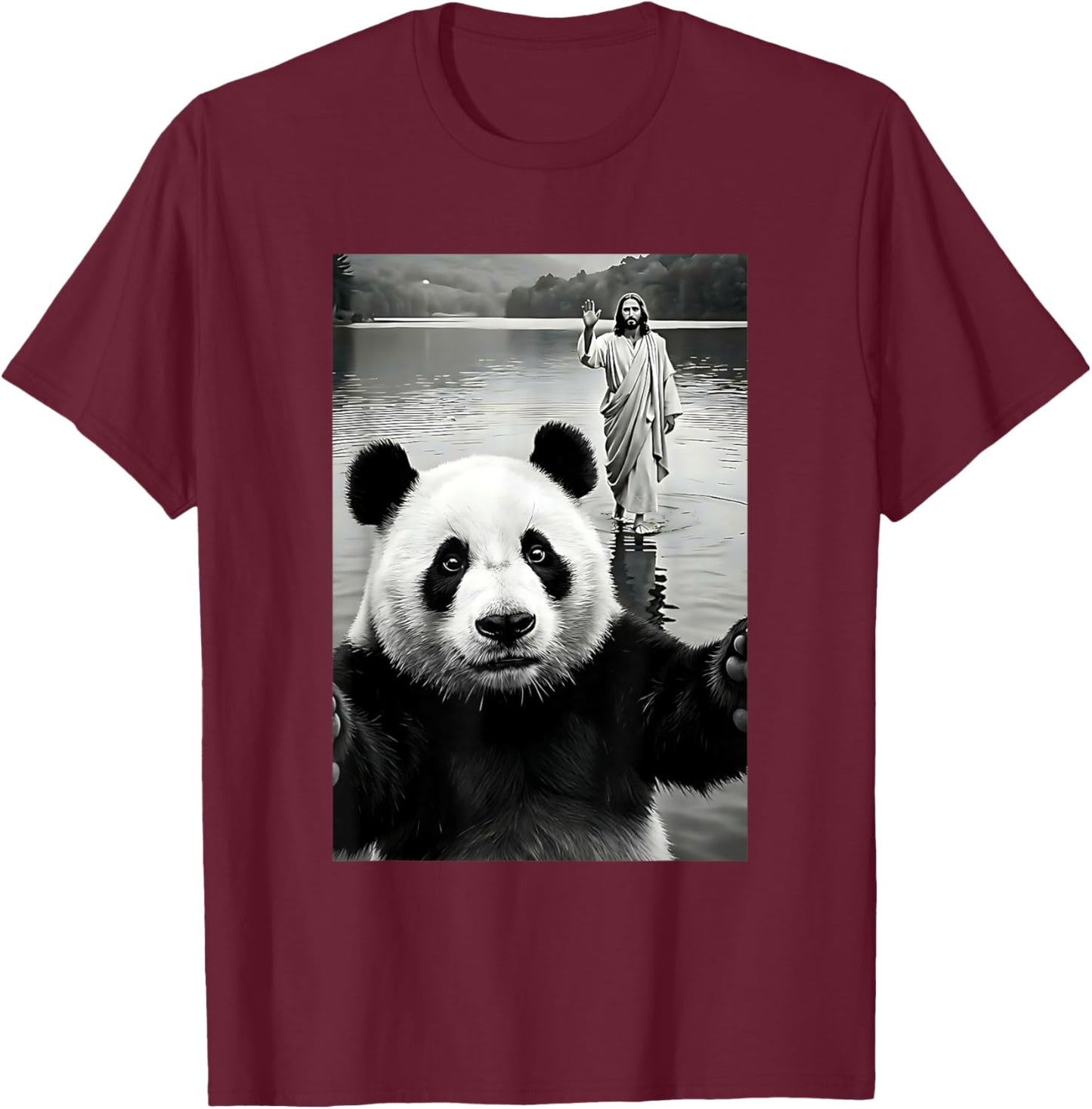 Funny Panda & Jesus Selfie, Easter, Religious, Christian T-Shirt - T-Shirt | Maroon