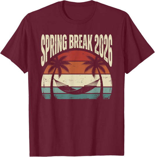 Spring Break 2026 Retro Beach Hammock Palm Tree Vacation T-Shirt - T-Shirt | Maroon