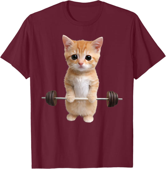Vintage Retro Weight Lifting Gym Funny Cat Deadlift T-Shirt - T-Shirt | Maroon