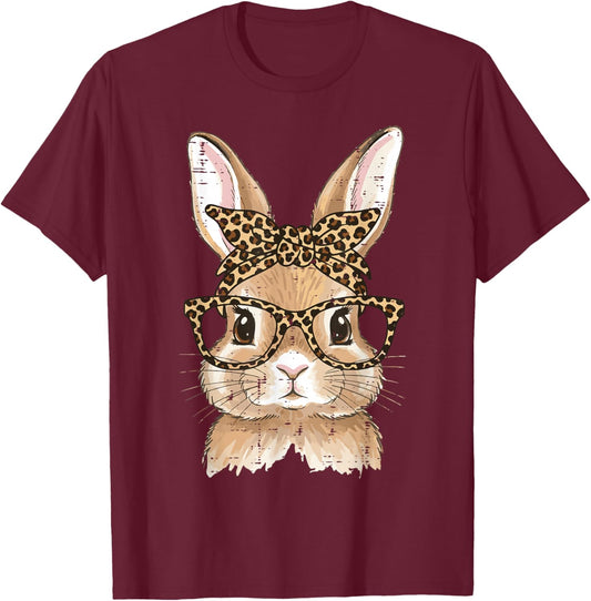 Easter Bunny Leopard Glasses Bandana Rabbit Women Girls Kids T-Shirt - T-Shirt | Maroon