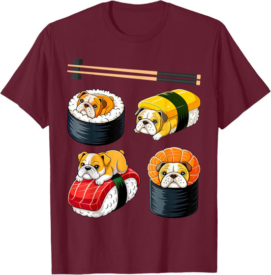 Sushi English Bulldog Funny T-Shirt - T-Shirt | Maroon
