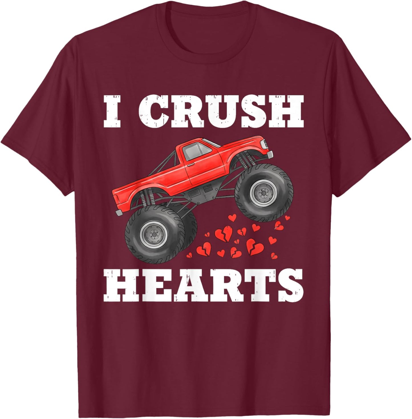 Monster Truck Teens Kids Boys I Crush Heart Valentines Day T-Shirt - T-Shirt | Maroon