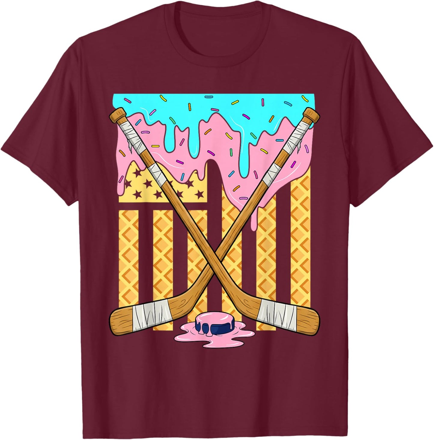 American Flag Ice Cream Drip Boys Ice Hockey Sport Player T-Shirt - T-Shirt | Maroon