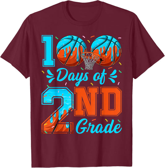 100 Days of 2nd Grade Basketball 100th Day of School Boys T-Shirt - T-Shirt | Maroon