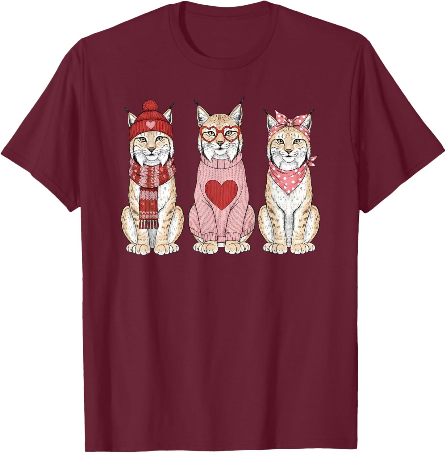 Retro Lynx Cute Valentine Wild Cat T-Shirt - T-Shirt | Maroon