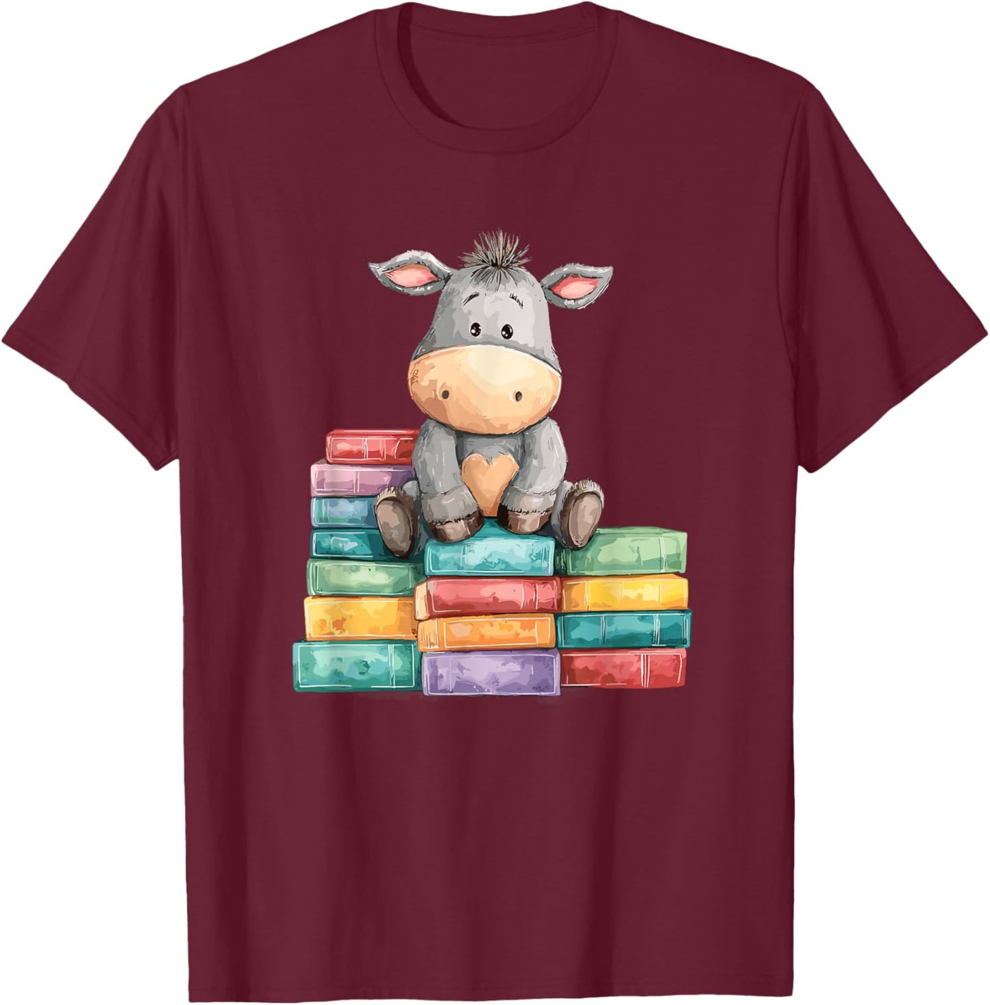 Adorable Donkey with Heart Sitting On Colorful Book Stack T-Shirt - T-Shirt | Maroon
