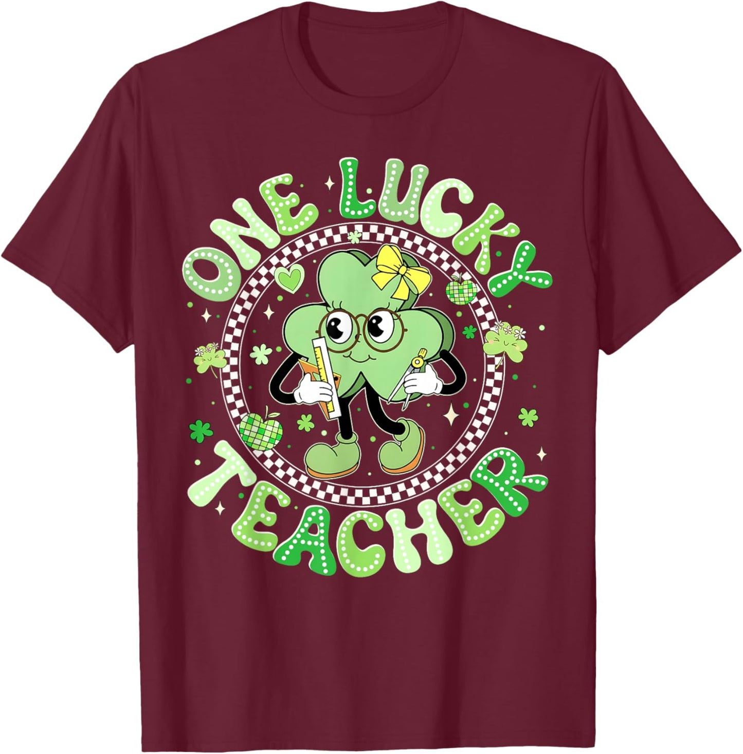 One Lucky Teacher St Patricks Day Shamrock Face Girl Teacher T-Shirt - T-Shirt | Maroon