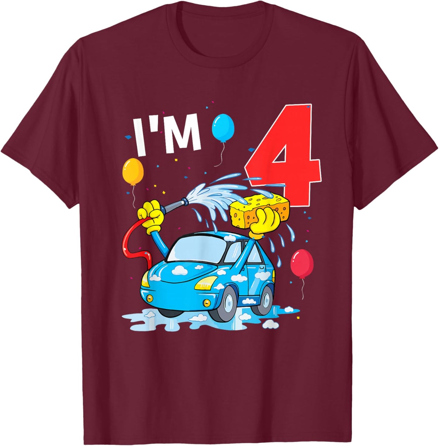 4 Year Old Bday 4th Birthday Car Wash Theme Party T-Shirt - T-Shirt | Maroon